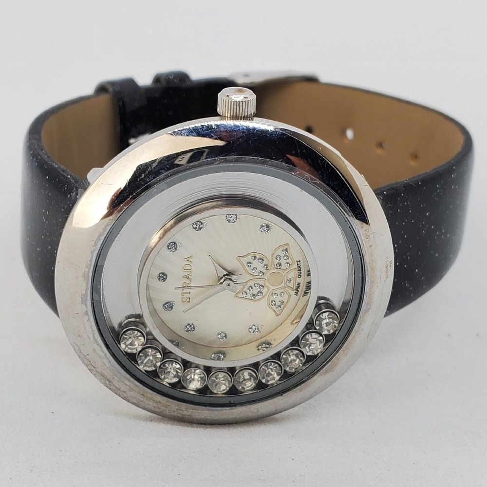 Strada Women's Watch 38MM White Dial Black Leather Band Straps New Battery